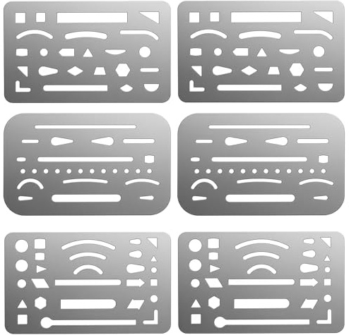 Bewudy 6 Stück Edelstahl Schablonen, 3 Stile Radierschablone, Zeichenwerkzeuge Metall Brandmalerei Radiergummi Schutzwerkzeug für mechanisches Zeichnen Kunstdesign Ingenieurdesign Painting