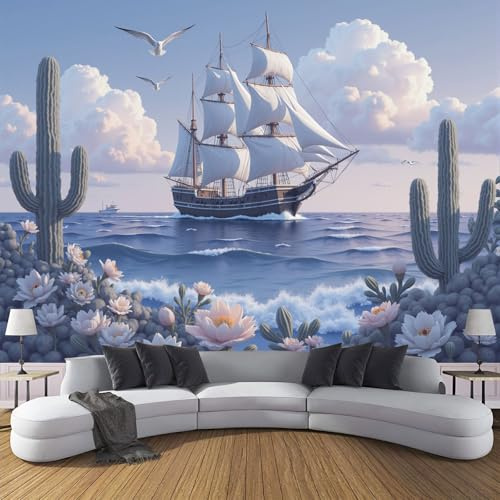 Carta da Parati Panoramica Piante Isole Tropicali Fotomurali in Seta Navigando Sul Mare Murale Fotografica XXL Moderne Decorazione da Parete per Soggiorno, Camera da Letto, Studio, 250x175cm, Blu