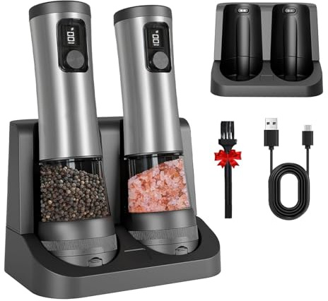Juego de molinillos eléctricos de sal y pimienta, molinillos recargables de acero inoxidable con pantalla LED y velocidad de molienda variable, ideal para uso en cocina y barbacoa