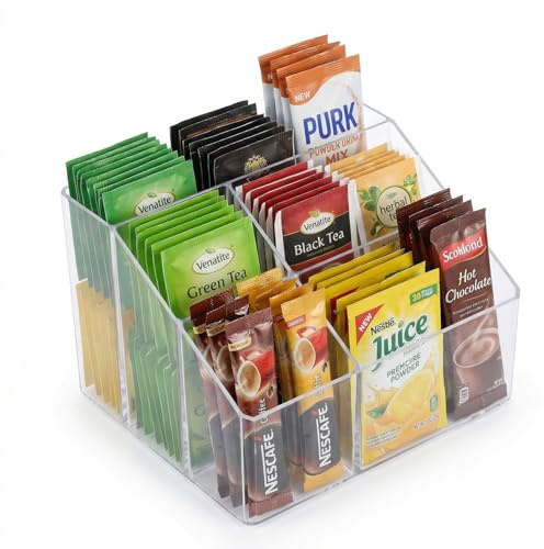 Punorric Tea Bag Organiser - PET Plastic Tea Bag Storage & Coffee Pod Storage, 5-Compartment Transparent Tilted Open Design, Coffee Station Organiser for Kitchen Counter Cabinet Organizer