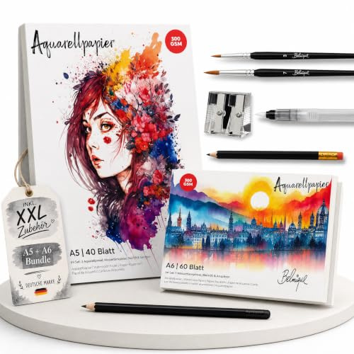 Belmique Aquarellpapier A5 & A6 Set inkl. XXL-Zubehör mit 100 Seiten I Aquarell Block 300 g/m² – mit rauer & glatter Oberfläche – inkl. Pinsel, Brushpen, Bleistift & Videokurs