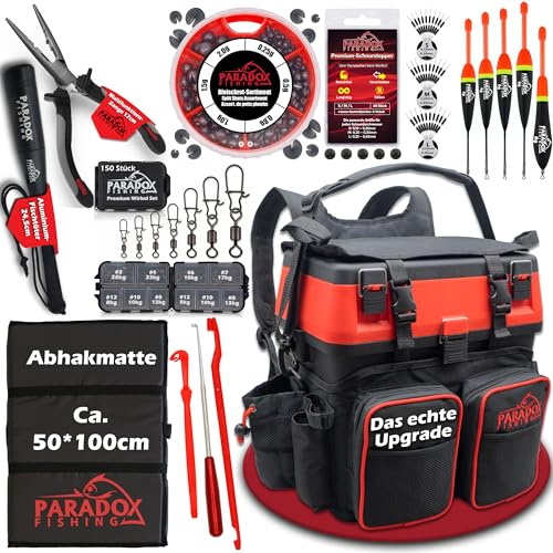 Paradox Fishing 3-in-1 Multifunktions-Sitzkiepe I Angelrucksack I Angeltasche Angelkoffer mit Sitz Angelkoffer- viel Platz für Angelzubehör (XXL Set schwarz/rot)