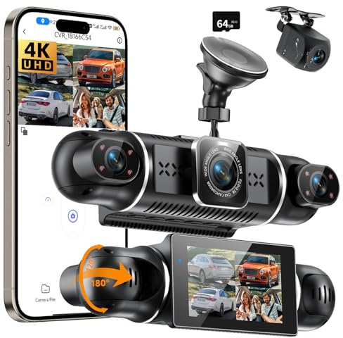360° Dashcam Voiture Avant Arriere 4k +1080p-4 Canaux Dash Cam avec SD 64Go