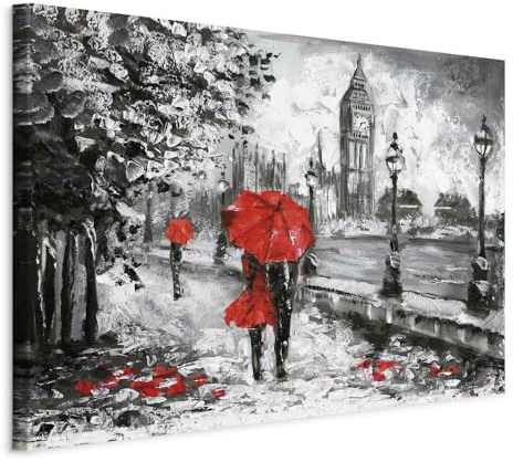 B&D XXL - Leinwandbild London grau rot, 120x80 cm, 1-teilig, Schlafzimmer | Hochwertige Leinwand, sofort aufhängbar, ideal fürs Wohn- oder Schlafzimmer, wasserfest und lichtecht, langlebig, stilvoll