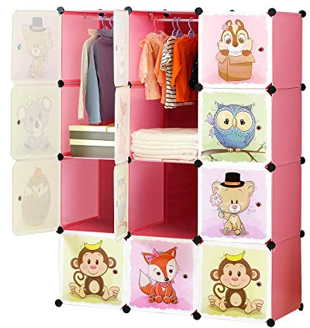 BRIAN & DANY Erweiterbares Kinderregal Kinder Kleiderschrank Stufenregal Bücherregal mit Türen & 2 Aufhängern, Tiefere Fächer als Normal (45 cm vs. 35 cm) für Mehr Platz, 110 x 47 x 147 cm, Rosa