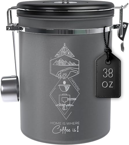 CafetastiQ Large Coffee Canister – Airtight Stainless Steel Storage Container with Date Tracker & Scoop, Sealed Jar for Grounds, Beans, Tea, Flour, Cereal, and Sugar (Gray Home, 38OZ)