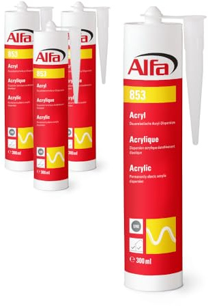 Alfa Mastic acrylique – Joints et fissures – blanc – 310 ml – 4 pièces | Mastic acrylique professionnel sans solvant ni silicone. Forte adhérence, peignable et résistant aux UV et intempéries.