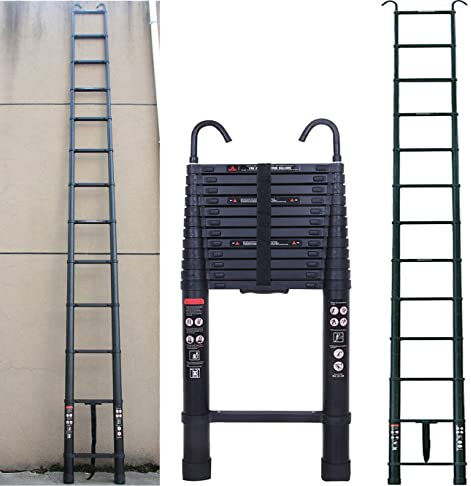5M Ladder Step Ladder Loft Ladder Max Load 150KG Heavy Duty Telescopic Ladder with Roof Hook Black Portable Folding Design Extension Ladder for Indoor Outdoor Light Weight Ladder (16.4FT)