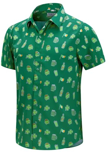 ENVMENST Mens St.Patrick's Day Shirt Irish Clover Printed Casual Short Sleeve Hawaiian Button Up Shirts(Green-3XL)