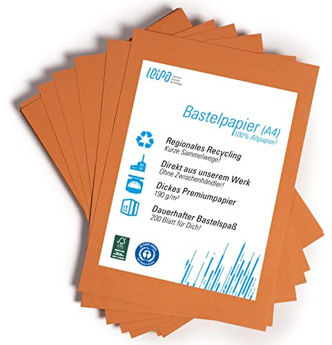 200 Blatt A4 Buntpapier Basteln Orange Bunte Pappe Blätter für Kinder 190g/m² LEIPA Manila-Karton Dekorieren, Recyceltes Bastelpapier, Tonpapier Bastel-Papier Bastelset Malblock, Vintage/Retro(DIN A4)