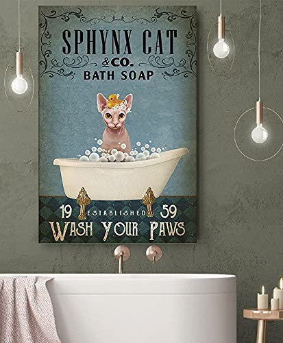 Krouterebs Lustiges Sphynx Katzen- und Badeseife Wash Your Paws, Badezimmer-Geschenk für Freunde, Familie, lustiges Sphynx-Wandkunst, Metall-Blechschild für Zuhause und Küche, Bar, Männerhöhle,