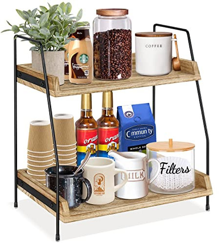 Megsooul Organizer per accessori da bar e piano di lavoro, per stazioni di caffè, 2 ripiani, per cucina, caffè, condimenti, coperchio per tazze, ripiano per bagno, cucina (marrone)