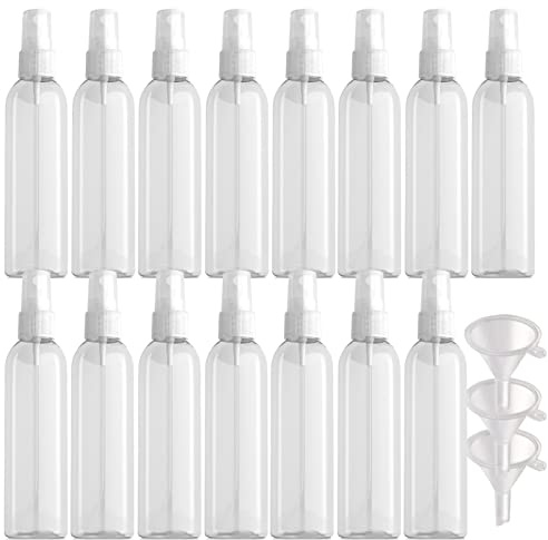 PQPAUTY 15 Piezas Pequeño 150ml Botella de Spray Plástico PET Vacías Transparentes con Bomba en Spray Transparentes de Niebla Atomizador para Perfume Viaje Artículos de Agua Cosmético, 3 Pieza Embudo