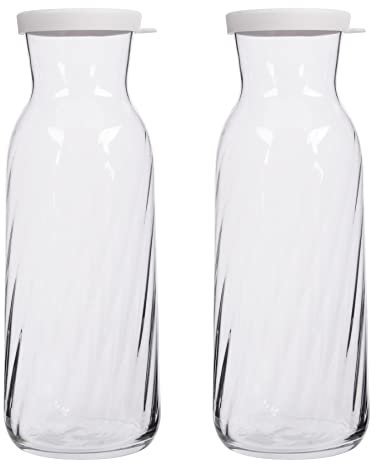 LAV 2X Couvercle Blanc 1.2L Fonte Optique Carafe en Verre - Eau Vin Jus Réfrigérateur Stockage Ensemble de Cruche | Chevet Blanchisserie Distributeur Bouteille Pot