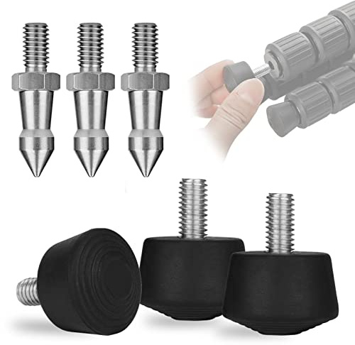 Rigych 6 Stück Gummi-Stativ-Fußspikes, 6,35 mm (1/4 Zoll) 20 Gewinde, rutschfest, mit Edelstahl-Stativfüßen, Spikes für unebenen Boden, Einbeinstativ, Ersatzteil
