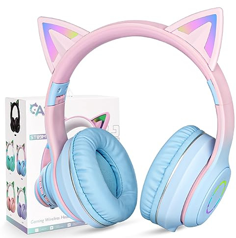 AXFEE Bluetooth barnhörlurar, LED kattöron trådbunden/trådlös hörlurar, Blå | ST89M, Bluetooth-5.0, kattöra, HD stereoljud, 10H speltid, 105dB volymbegränsad, vikbara barnhörlurar för PC-telefon