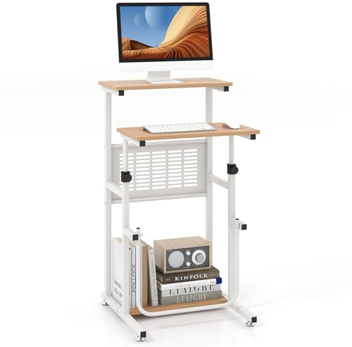 COSTWAY Mesa de Ordenador, 2 en 1 con Tablero Ajustable en Altura, Escritorio de Oficina con Bandeja para Teclado y Soporte para Impresora, Escritorio de Computadora con Reposapiés