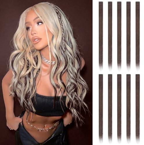 FESHFEN Farbige Haarverlängerung, 10 PCS Braun Haarteil für Damen Synthetik Party Highlight Bunte Glatte Haarverlängerungen Clip in Haarteil für Frauen, 55cm