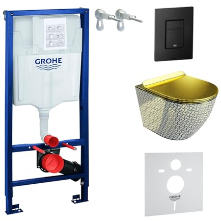 LAVITA Vorwandelement Solido + Wand Hänge WC Sofi Slim Golden Never Die Gold Spülrandlos + + WC Sitz mit Absenkautomatik Schwarzer Knopf Komplettset Unterputz Spülkasten Toilette Komplett Sett WC