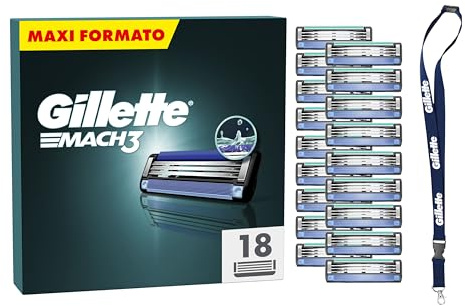 Gillette Gillette Mach 3 Rasierklingen, 18 Ersatzklingen für Rasierer, 3 Klingen, verbessertes Gleiten dank Schmierstreifen, Nackenband im Lieferumfang enthalten