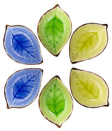 GWOZI Small Bowls Leaf Shape - Soy Sauce Dish - Ceramic Ingredient Bowls for Prep 6 Pcs - Pinch Serving & Dipping Bowls for Side, Snack, Sauces, Condiment, Oil, Vinegar, Jam