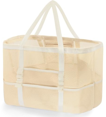 REETEE Stor havsväska i nät för kvinnor, bärbar XXL familjestrandväska, vikbar och återanvändbar stor strandväska för sand simning resor shopping, Beige