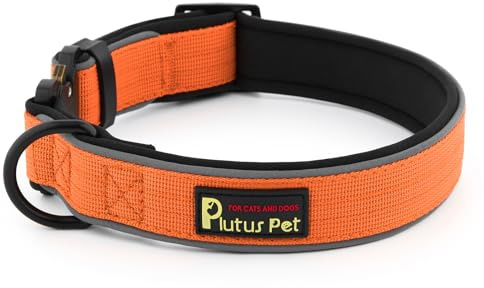 Plutus Pet Taktisches Hundehalsband, reflektierend, verstellbar, strapazierfähig, weich gepolstert und bequem, für kleine, mittelgroße und große Hunde (Orange, M) | Verstellbares, strapazierfähiges Hundehalsband, weich gepolstert und bequem, mit Metallschnalle (Orange, M)