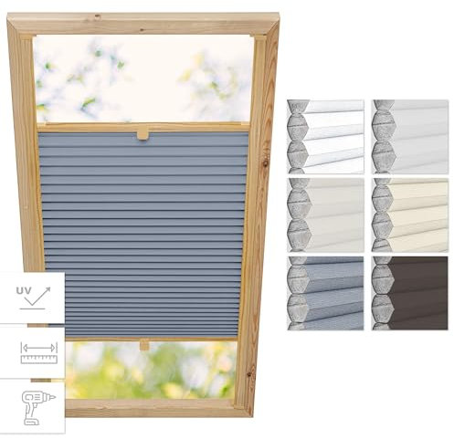 Estika Wabenplissee mit Bohren für Velux-Fenster F06 – Stofffarbe Grau-Weiß, Profilfarbe Kiefer – Dachfensterplissee, Innenrollo, Dachfenster-Rollo