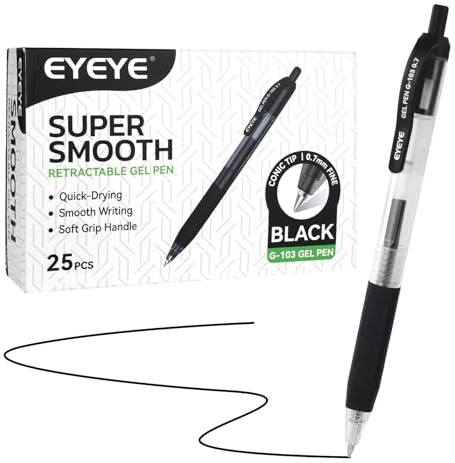 EYEYE Gelschreiber 0,7 mm schwarze Kugelschreiber, 25 Stück, Feine Spitze einziehbare Gelstifte, Glattes Schreiben für Schule, Büro, Geeignet für Rechts- und Linkshänder, Liegt leicht in der Hand