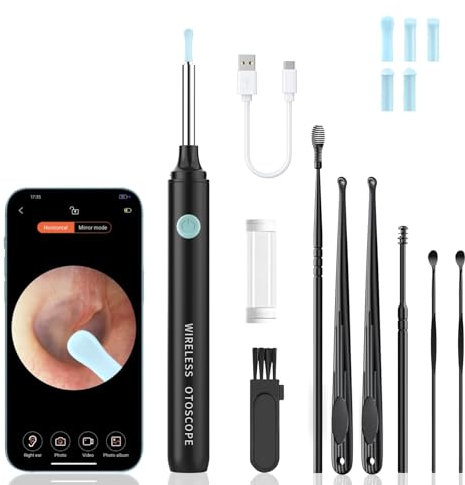 Ear Wax Removal Kit - Ear Cleaner with Camera, Camera with 6 Silicon Ear Spoon with 1080P, Ear Camera with LED Light, Ear Cleaning Kit for iPhone, iPad, Android -Black