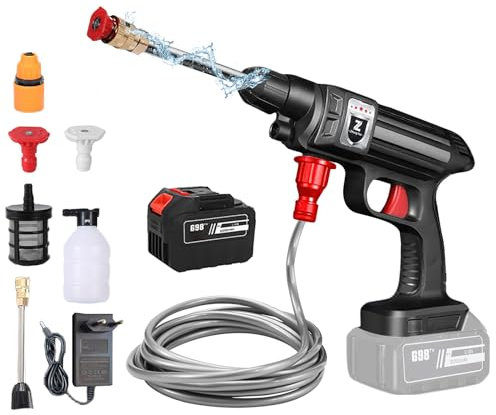 Limpiador de alta presión inalámbrico portátil 21 V, limpiador de alta presión con batería 50 bar, pistola de alta presión inalámbrica con 1 batería y manguera de 5 m, para limpieza y riego (30000