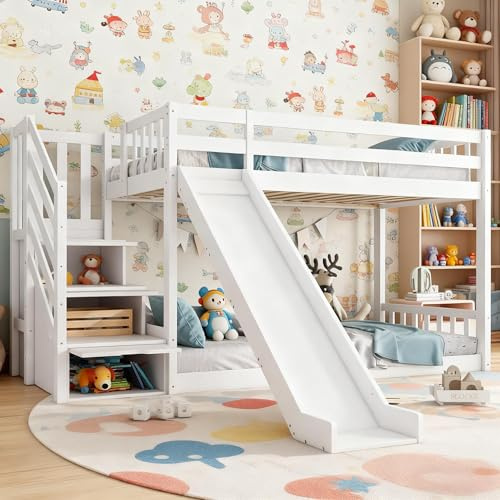 LANTRO JS Twin over Twin Bunk Bed with Slide and Stairs, Kids Bunk Bed with Storage, Solid Pine Wood Frame Children Bed with 3 Drawers, 90x190cm, White