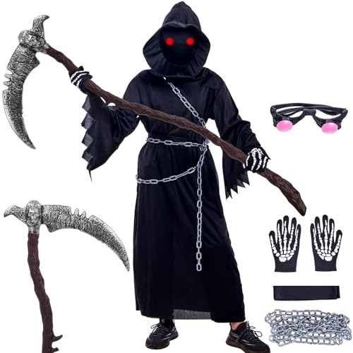 Costume da Mietitore per bambini - Spaventoso costume di Halloween per bambini con falce deluxe (123 cm), catena metallica, maschera e occhi luminosi, costumea Mietitore ragazzi, costumes Soul Taker