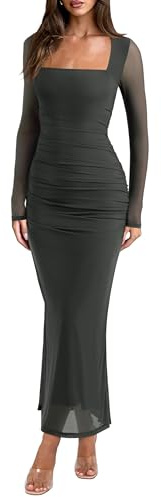 REORIA Long Sleeve Wedding Guest Maxi Dresses for Women Sheer Mesh Square Neck Ruched Bodycon Long Dress Fall Outfits | Sheer Mesh,Square Neck,Slim Fit,Ruched Formal Long Dress,2026 Fall Winter Outfits,Cocktail,Club & Night Out,Fashion Clothes