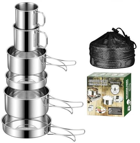 Set da 6 pezzi per cucinare all'aperto, in acciaio inox, da campeggio, con pentole pieghevoli per viaggi zaino in spalla