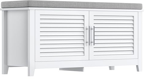 Rovaurx 2-Tier Shoe Storage Bench, 39.4''W Entryway Bench with Removable Padded Seat Cushion & 2 Louver Doors, Adjustable Shelf, Bench with Storage for Entryway, Bedroom, Living Room, White LHXD001W
