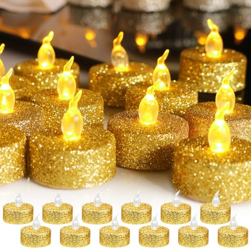 12 Pack LED Tea Lights Candles - Flameless Electric Tea Lights Battery Operated, Fake Candles Light for Party Ceremony Wedding Birthday Halloween Christmas Decor (Gold)