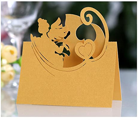 Codulu 50 tarjetas de lugar de mesa, tarjetas de ángel huecas, tarjetas de nombre plegadas, tarjetas de tienda de campaña, para bodas, fiestas de cumpleaños, festivales, color dorado