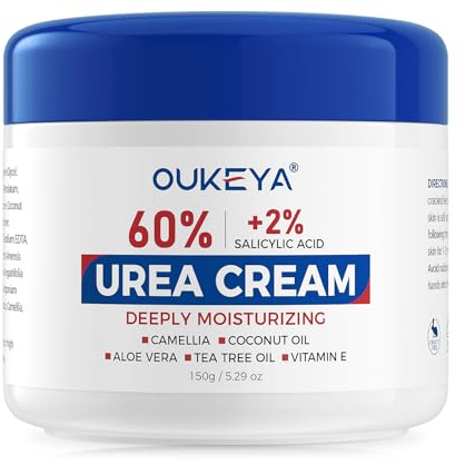 OUKEYA Crema Urea 60% & Acido Salicilico 2% con Vitamina E, Trattamento Intensivo Italiano per Piedi, Gomiti e Mani Screpolati, Rimuove Calli e Pelli Secche, Azione Antiossidante, Non Unguenta, 150g