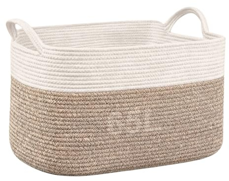 65L Large Storage Basket, Cotton Rope Washing Organizer Box Laundry with Handle, Storage Comforter Toy, Cushions, Thread, Blanket, Basket for Clothes Bedding 55x38x30 cm, White & Brown