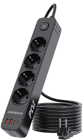 ANRMESUN Regletas Enchufes con 4 Tomas y Interruptor, Enchufe Múltiple de Carga 2 USB A y 2 USB C (PD 20W), Protección Sobretensión, Cable 1.9m, Ideal para Viajes y Hogar (Negro)