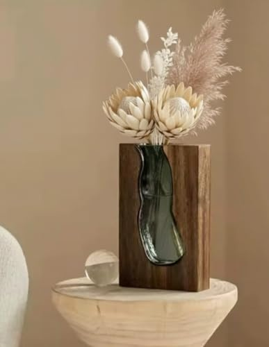 Blumenvase im Holzblock – Handgefertigte Glasvase mit Echtholz-Rahmen – Moderne Dekoration für Wohnzimmer & Büro – Unikat – 24cm Höhe