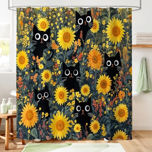 Hopomoon Duschvorhang Katze Sonnenblume 180x180 cm, Textil Duschvorhang Schwarz Katze Lustig, Anti-Schimmel & Wasserabweisend, Polyester Badvorhang inkl. 12 Ringe, Modern Badezimmer Deko