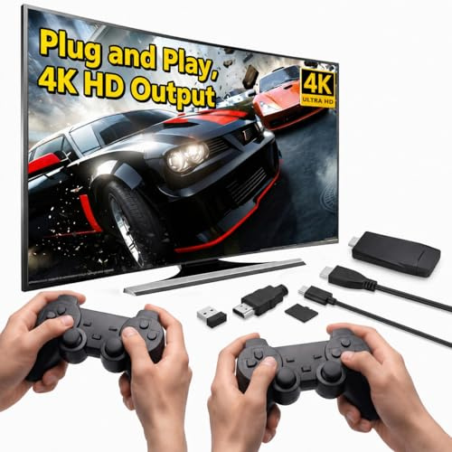 Whatsko Retro-Konsole 64 GB, Videospielkonsole mit 2 Drahtlose Gamepads, Plug and Play, 4K HDMI Output für TV Computer Projektor, Geschenk für Familien & Freund
