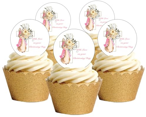 15 Pre-Cut Christening Baby Girl Cute Rabbit Edible Wafer Paper Cake Cupcake Toppers Decorations - 5cm circles