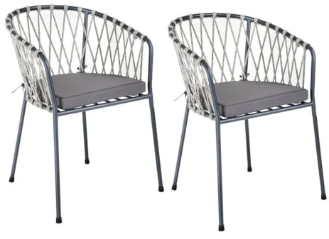 LOLAhome Set 2 Sillas de Jardín Myra de Acero y Cuerda Trenzada Color Grafito, 52x51x80 cm, Cojín Incluido, Ergonómica, Diseño Elegante y Resistentes, Patas Desmontables Uso Exterior