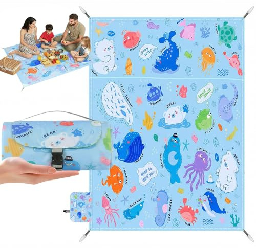 Mini coperta da picnic, 210 x 220 cm, impermeabile, ultraleggera, portatile, con 4 picchetti, lavabile in lavatrice, piccola coperta da spiaggia per spiaggia, picnic, campeggio, escursioni (motivi di