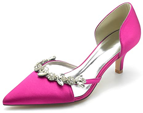 HFWXYSA Chaussures Mariage Femme Satin Blanc Escarpins Bout Pointu Strass Petit Talon 6cm Bottes de Soirée Cérémonie Fête,Fuchsia,40 EU