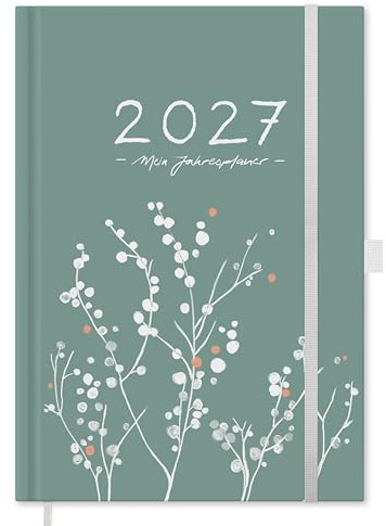 Eine der Guten Terminkalender 2027 A5 Hardcover, Woche auf 2 Seiten, Grün | Wochenplaner mit Habit-Tracker und Monatsreflexion, Taschenkalender Terminplaner mit Gummiband und Stiftschlaufe, FSC-Papier