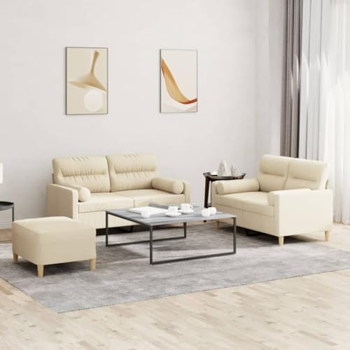 Augerqir 3 TLG Sofagarnitur mit Kissen Creme Stoff, Polstergarnitur mit Ottomane, Recamiere und Armlehne, 2 Sofa Sets für Wohnzimmer, Gästezimmer, Jugendzimmer, platzsparend und bequem